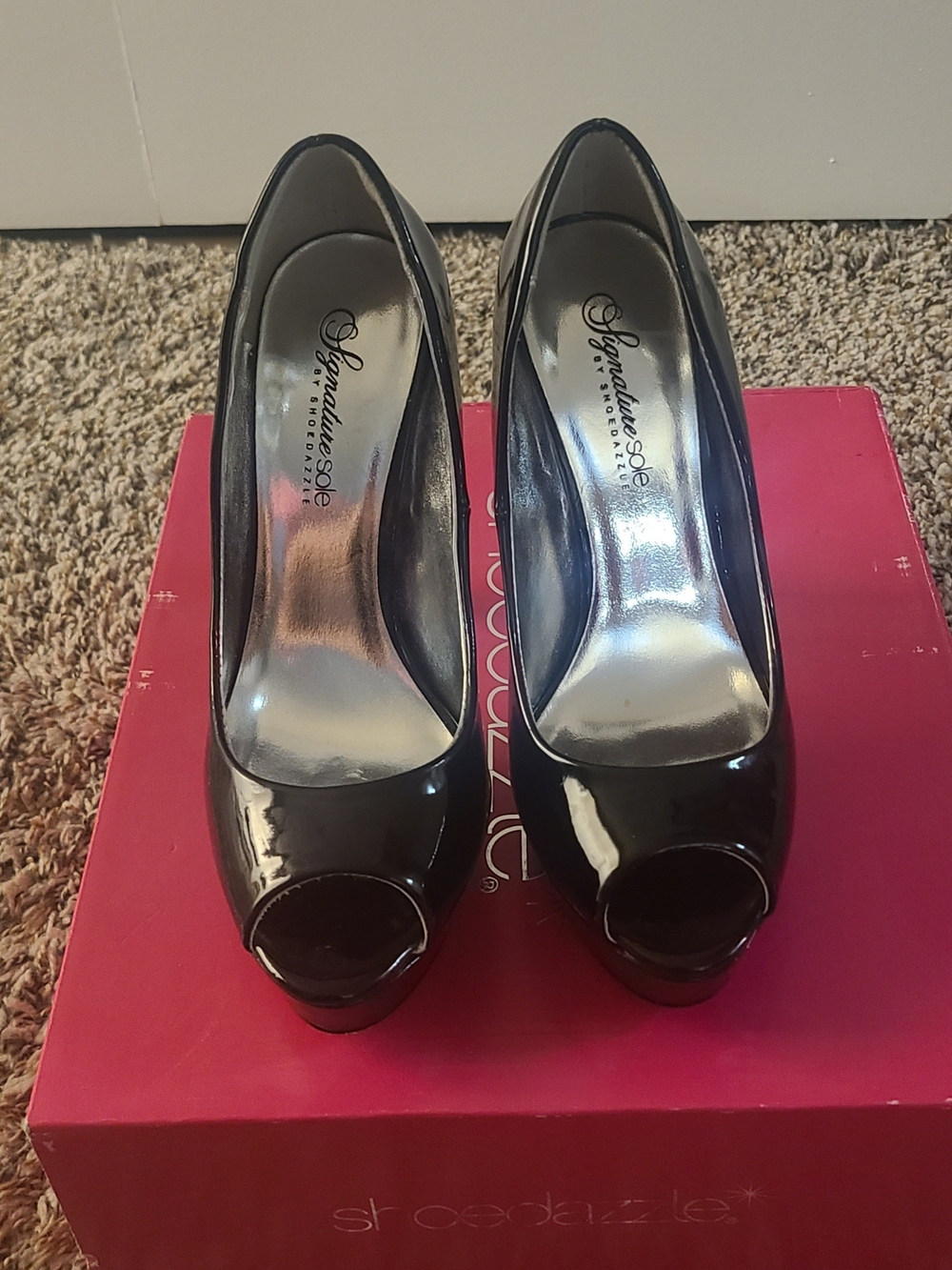 ShoeDazzle Signature Sole Black Patent Peep Toe Platform Heels - 6 inch stilleto